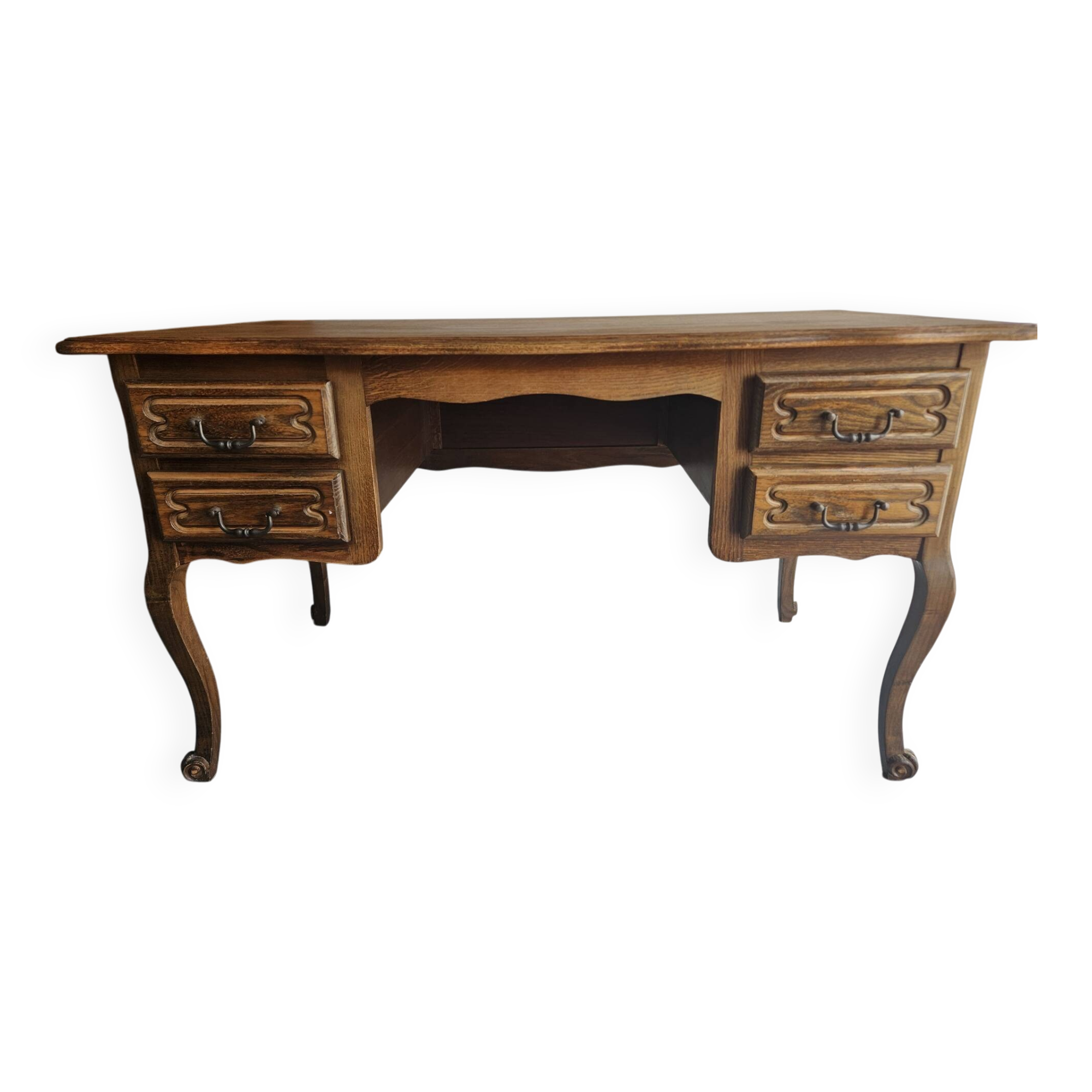 Antique wooden desk with 4 drawers.