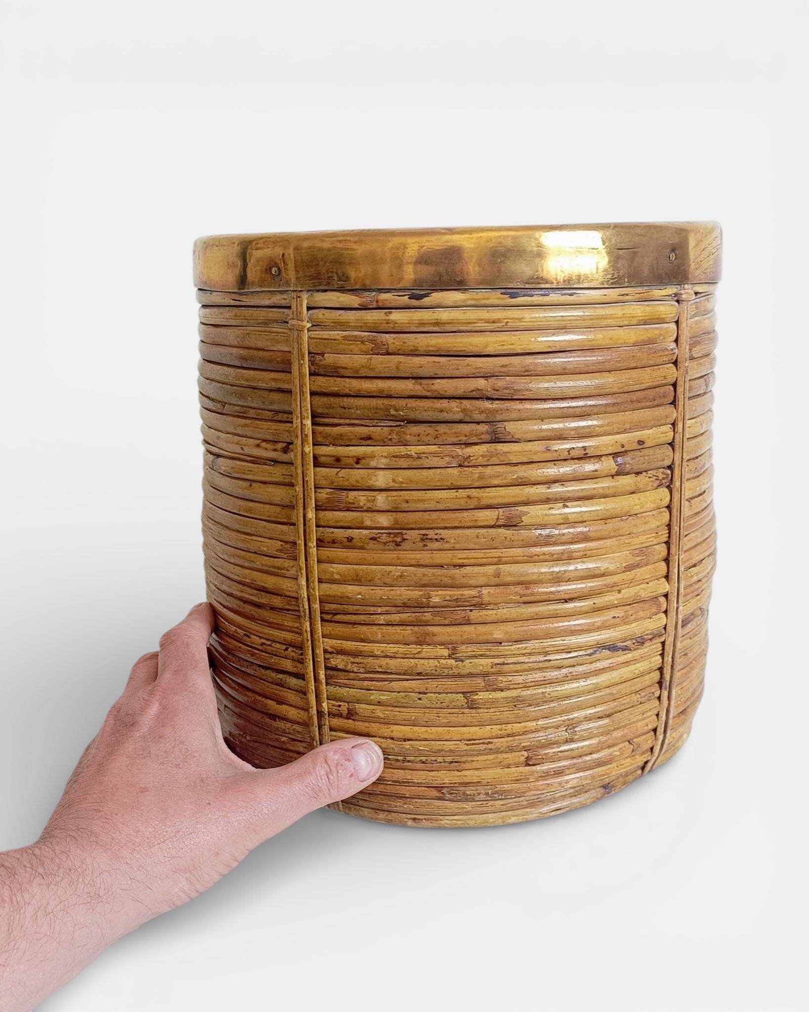 Mid-Century Organic Modern Medium Size Pencil Reed/Rattan Planter with Brass Rim