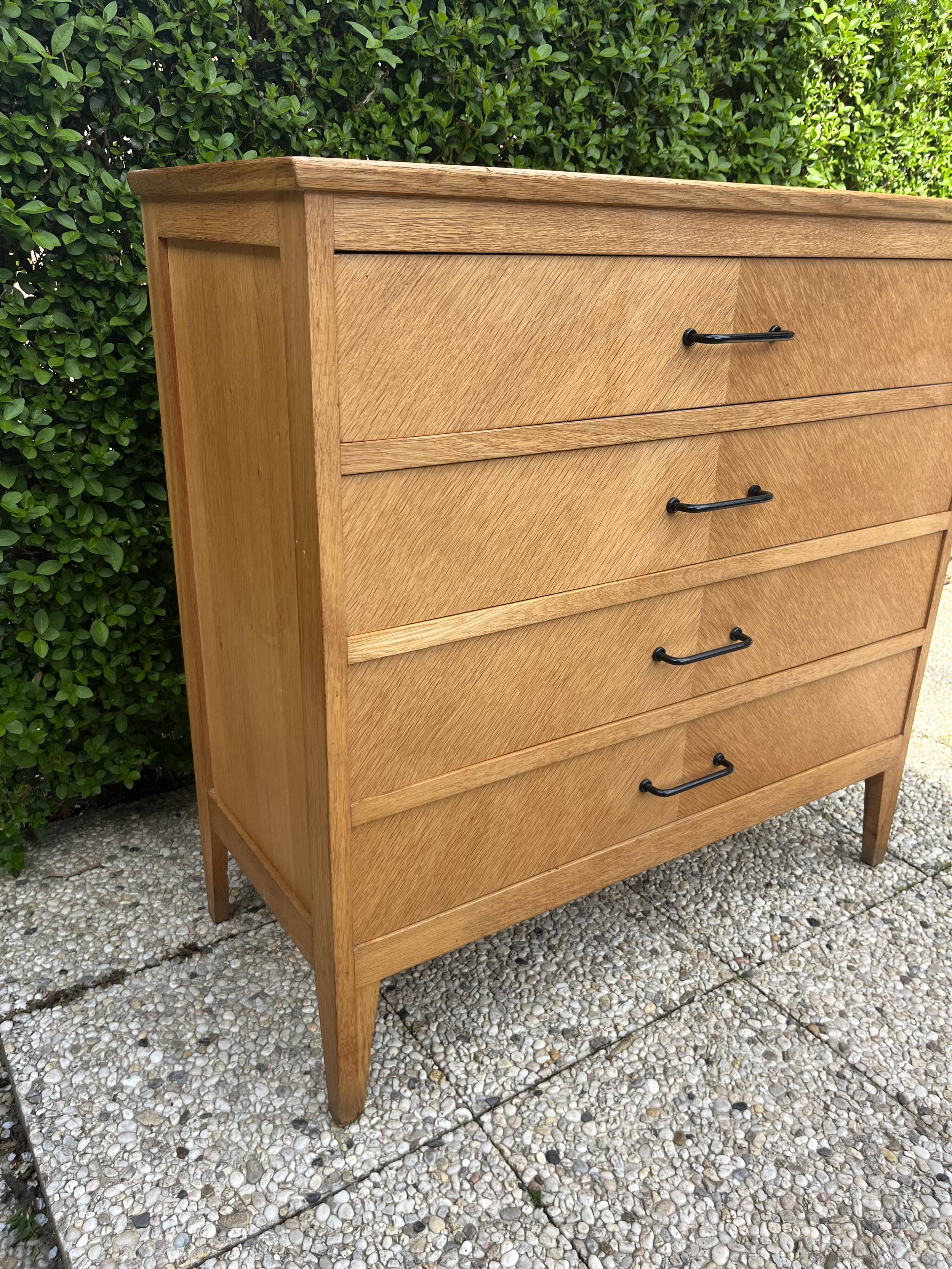 Commode vintage 4 tiroirs chêne clair 1960