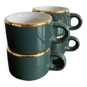 Set of 4 bistro cups in green porcelain with gold edging Apilco coffee cups