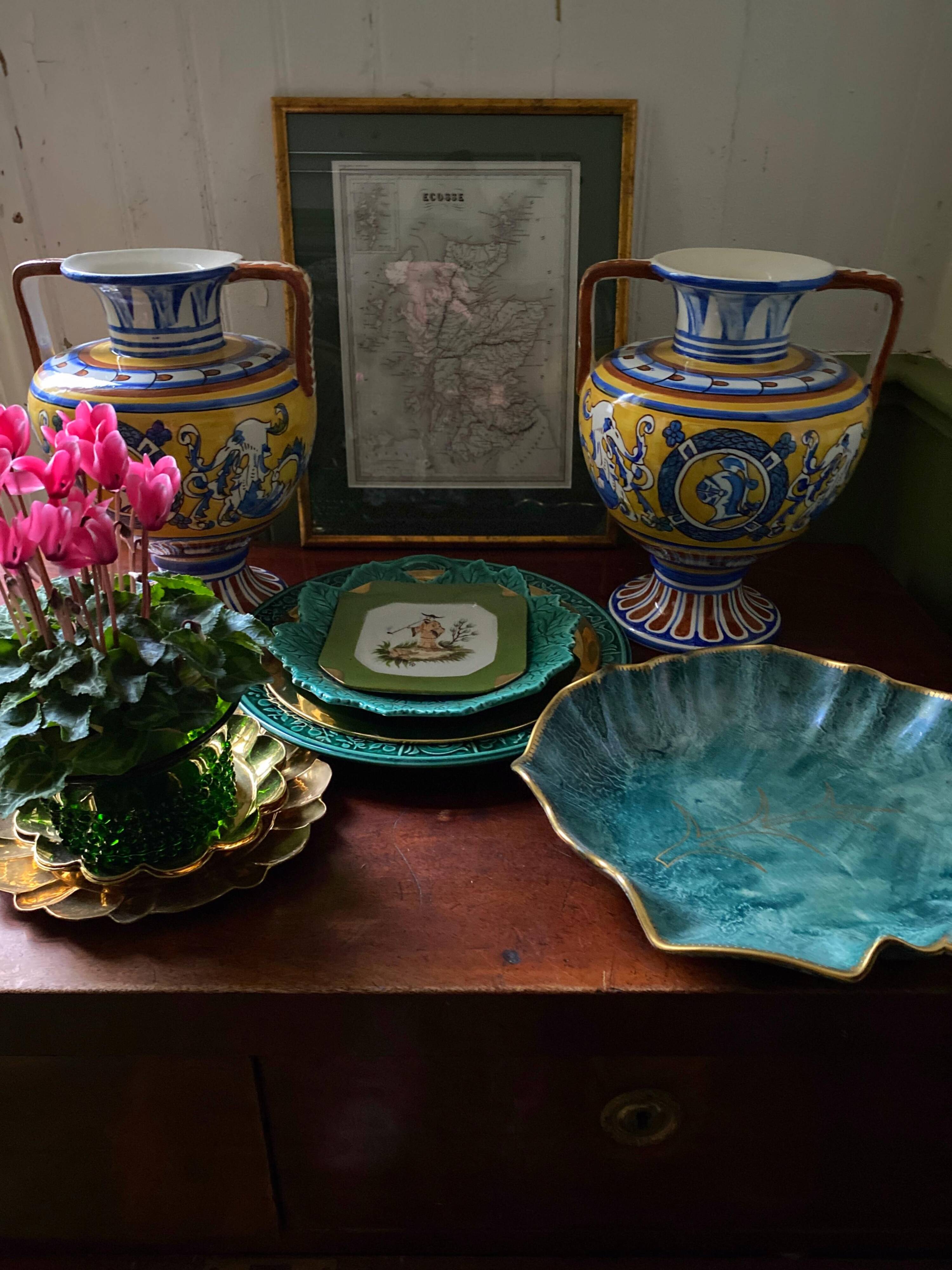 Large Hand-Painted Ceramic Double Handled Vases,  France, Set of 2