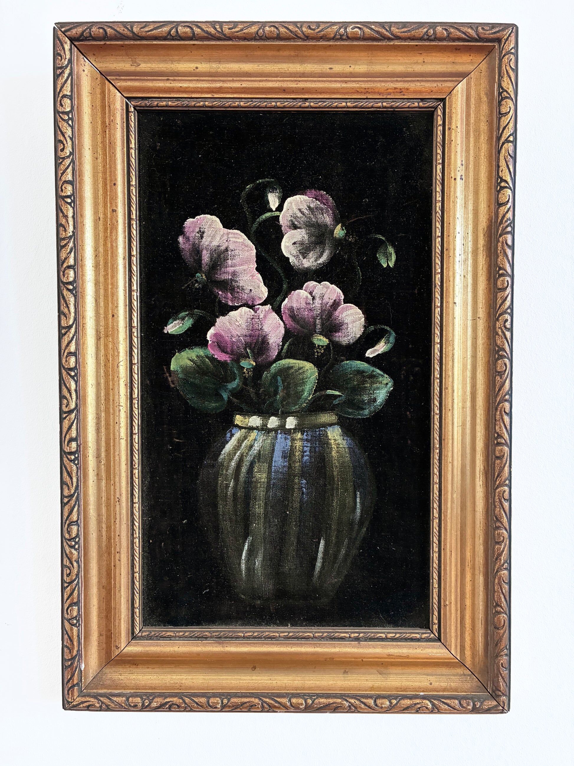 Vintage original velvet flower oil painting, pink flower still life art