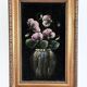 Vintage original velvet flower oil painting, pink flower still life art