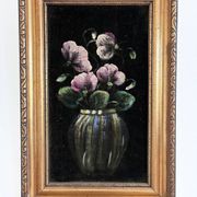 Vintage original velvet flower oil painting, pink flower still life art