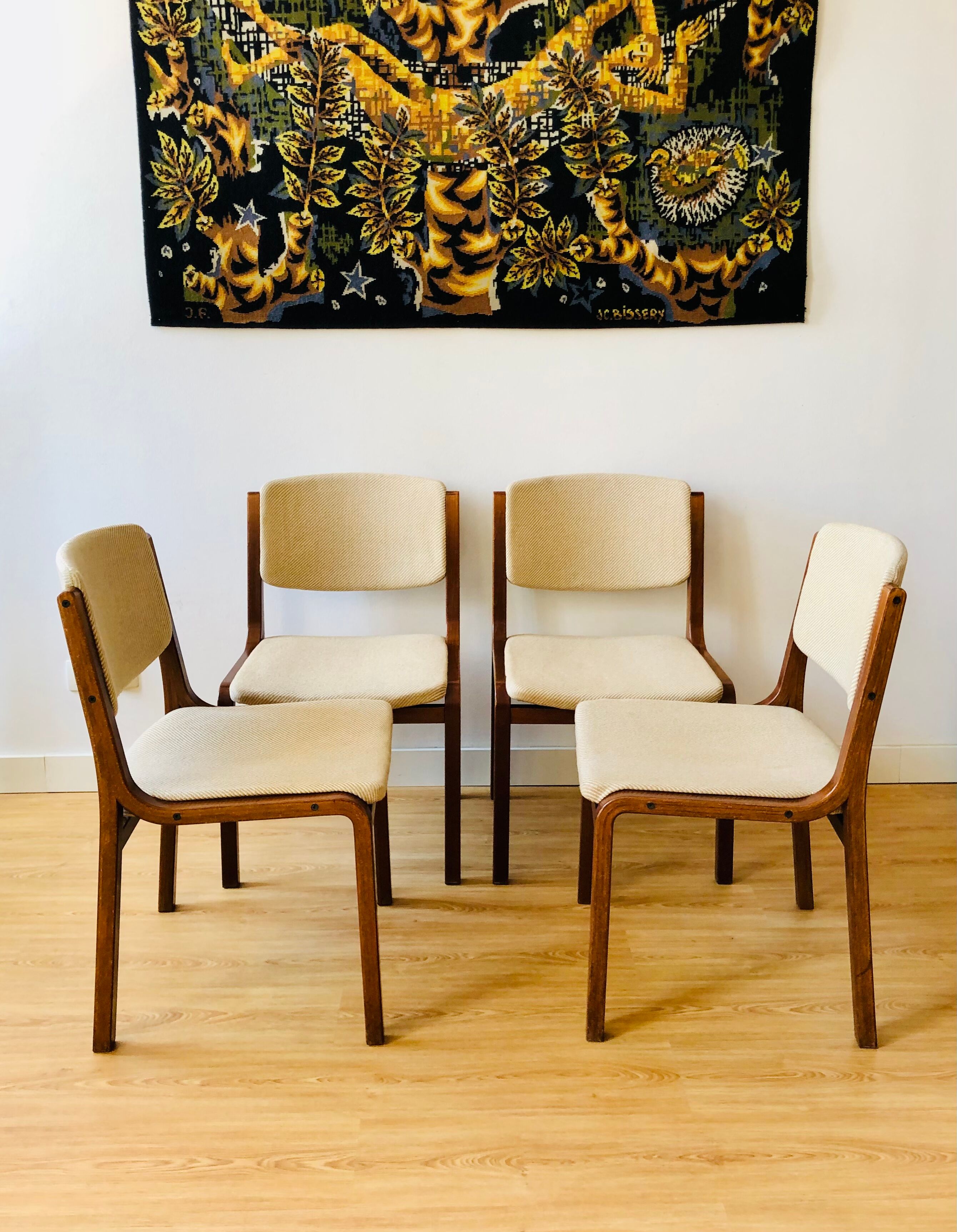 Set of 4 vintage chairs in teak and wool