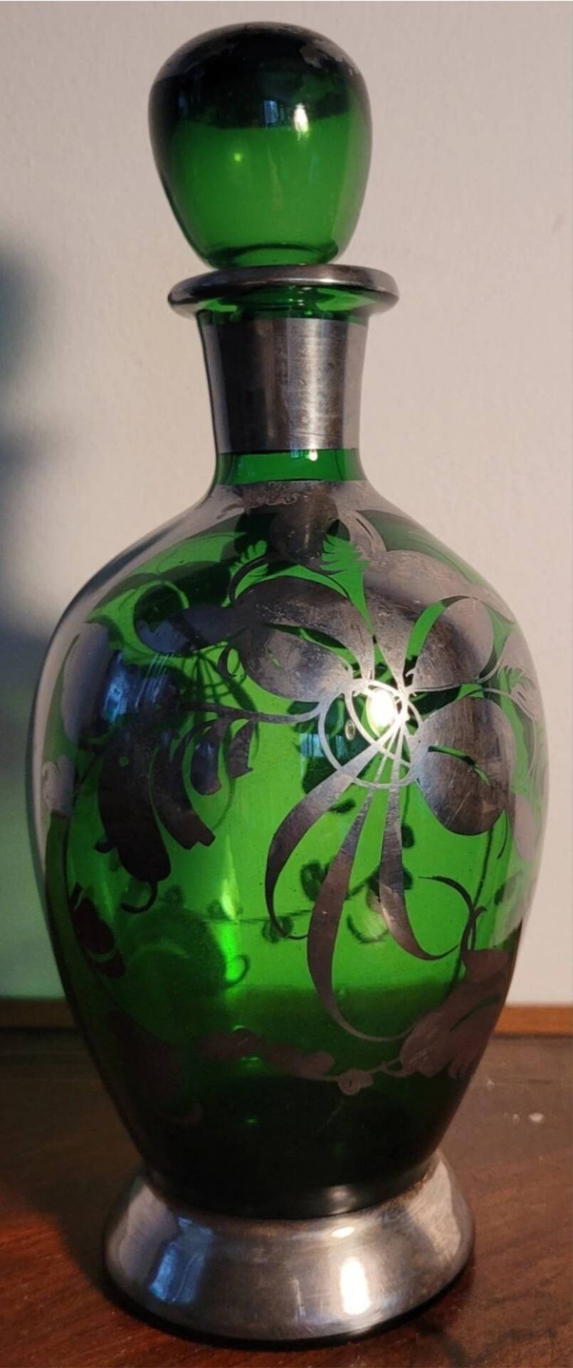 Murano glass alcohol bottle green & silver 1930s - 1940s.