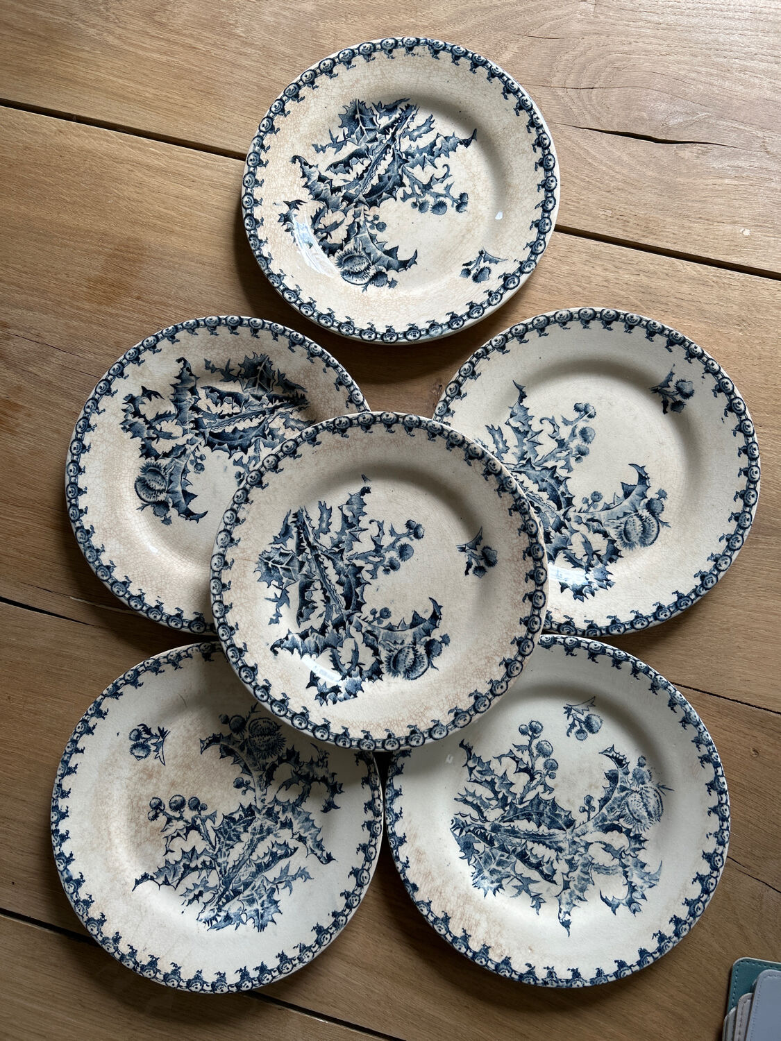 6 antique dessert plates, ironstone Gien Chardons