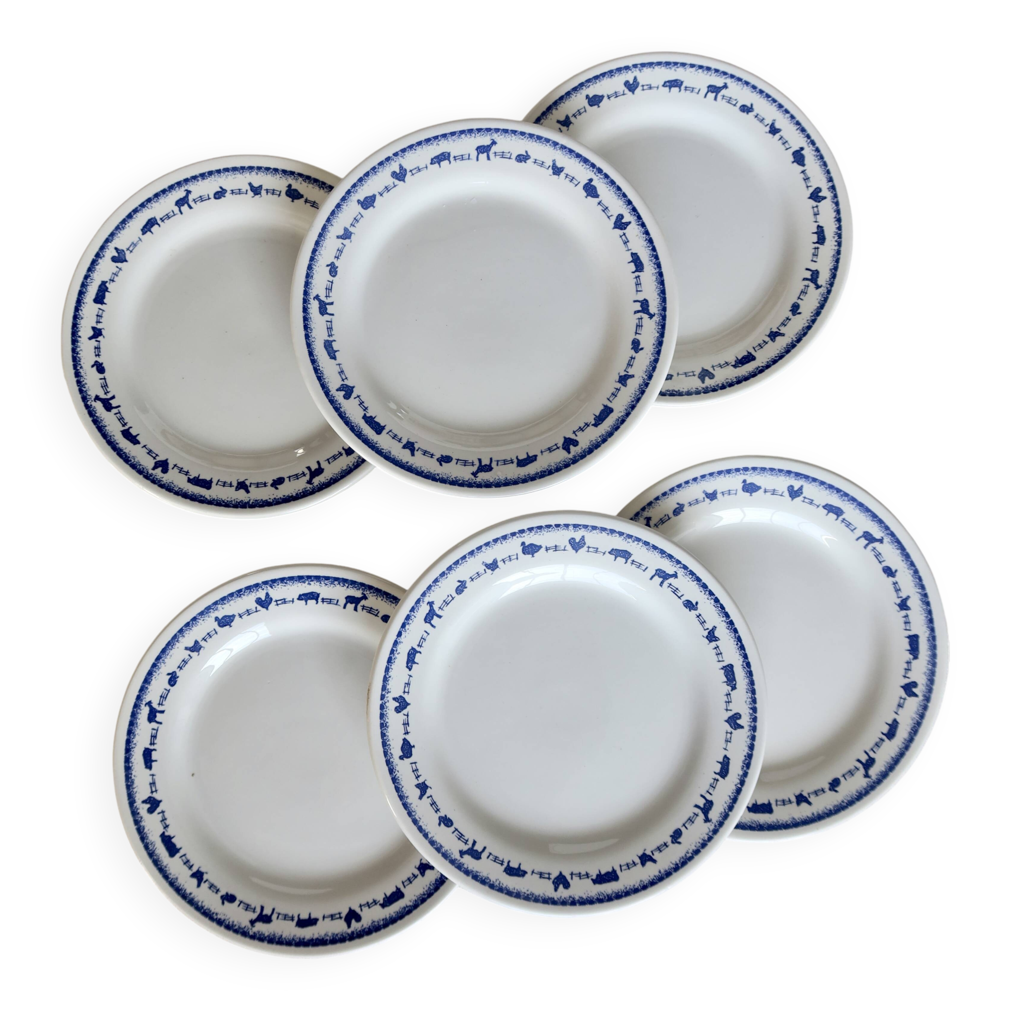 6 vintage white and blue earthenware dessert plates
