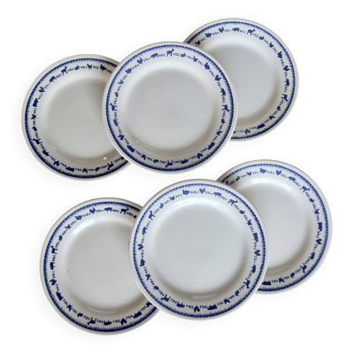6 assiettes à dessert vintage faïence blanche et bleue