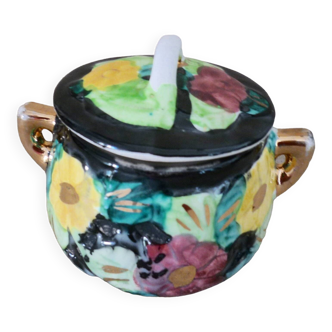 Multicolored ceramic covered tripod pot