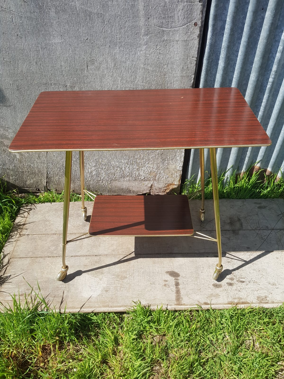 Ancient Dessert Table On Roulettes Golden Metal - Formica 70s Vintage