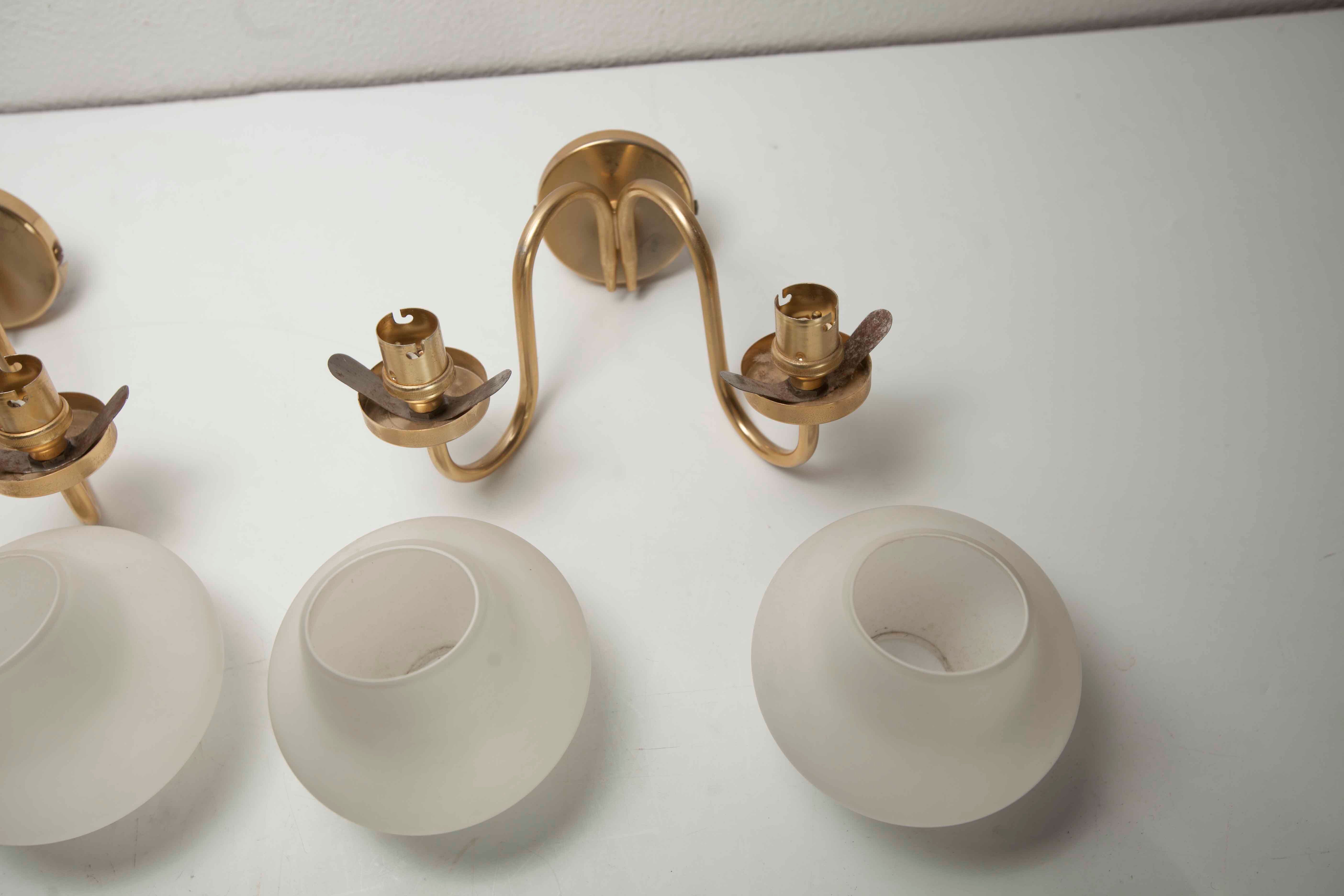 Pair of 60s brass and opaline sconces