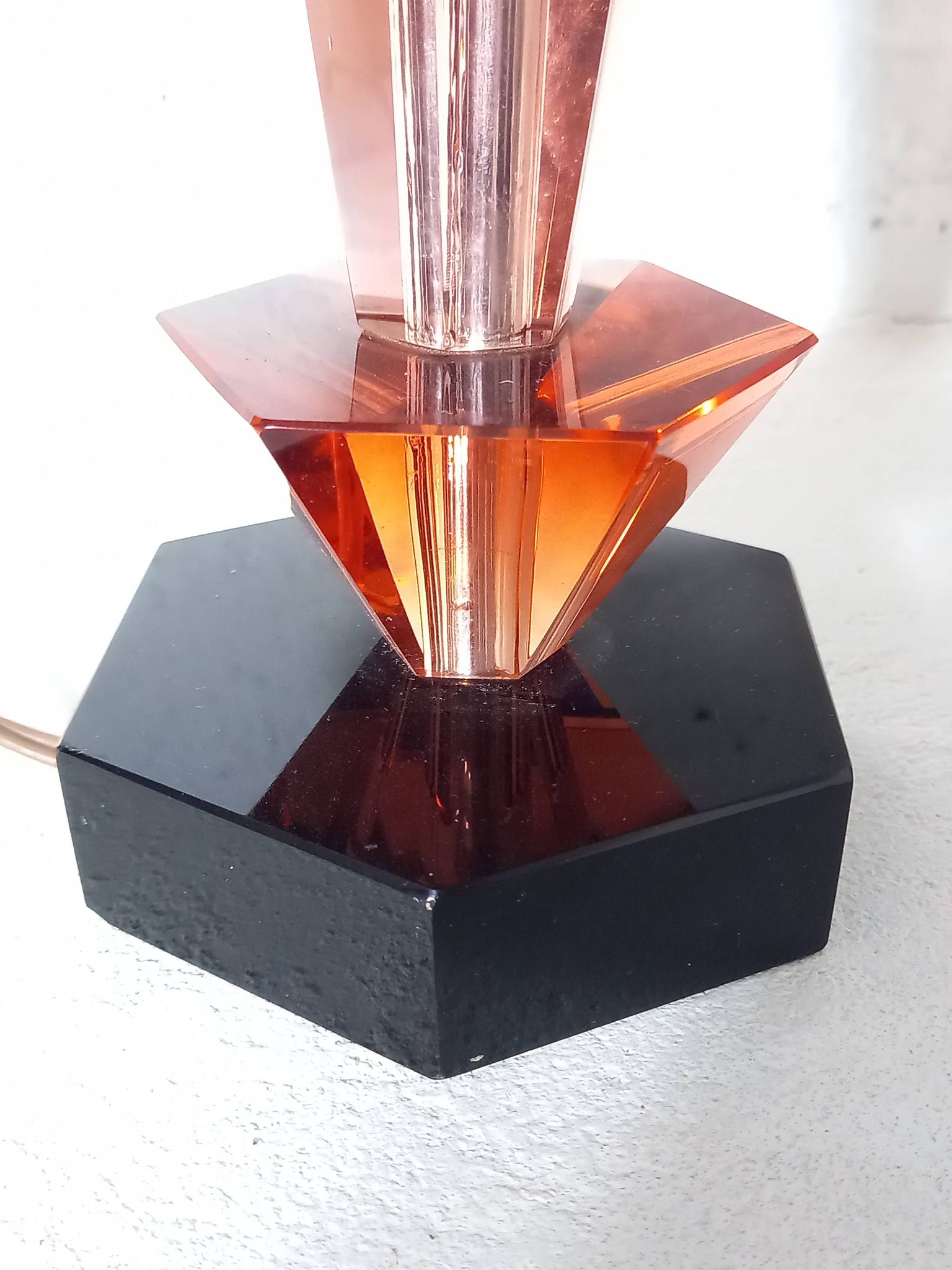 Art Deco style table lamp base in black and pink Bohemian crystal.