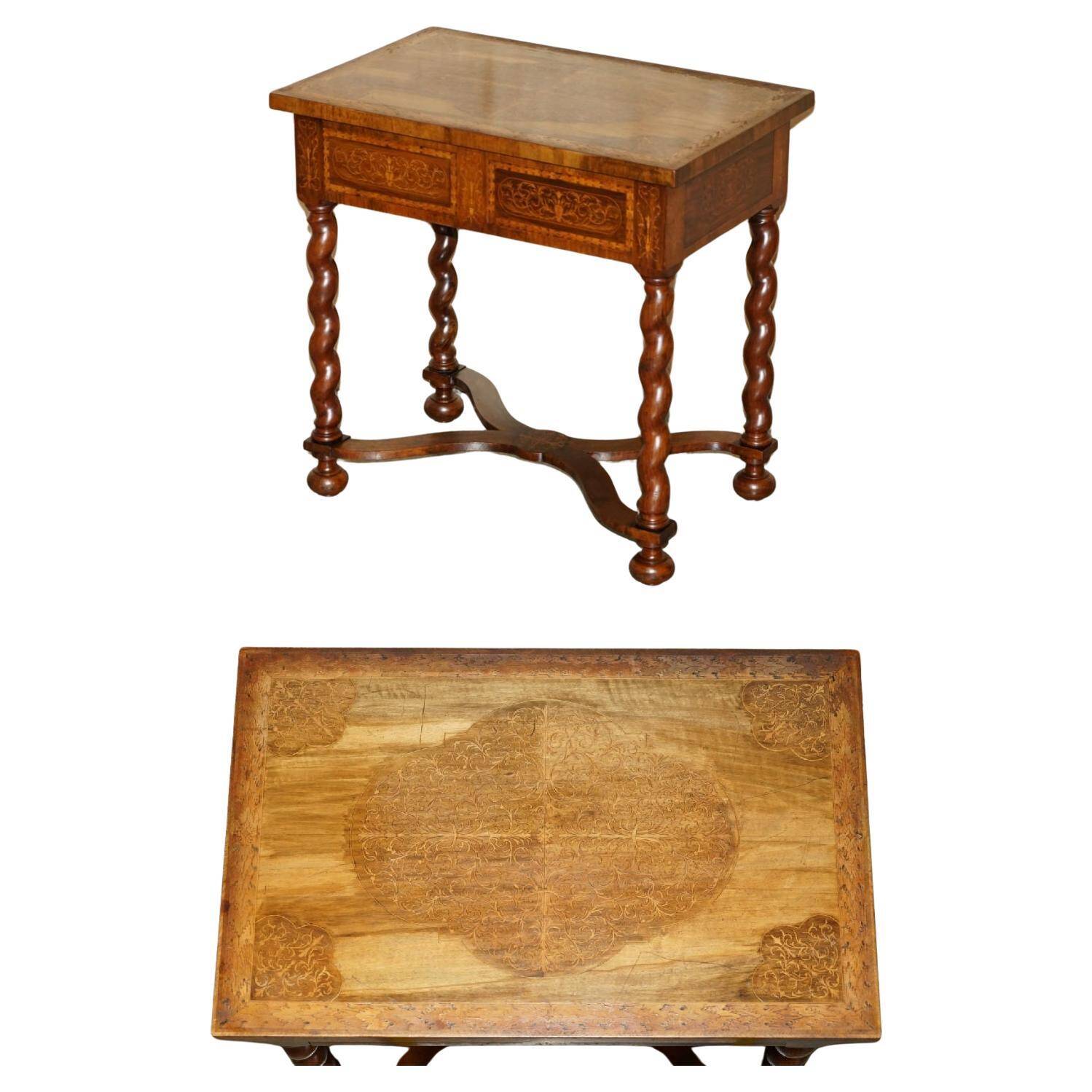 William & Mary antique marquetry drawer desk in Seaweed style.