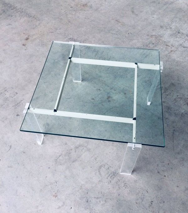 Danish Poul Kjaerholm Style Metal, Acrylic Glass & Glass Coffee Table, 1960s