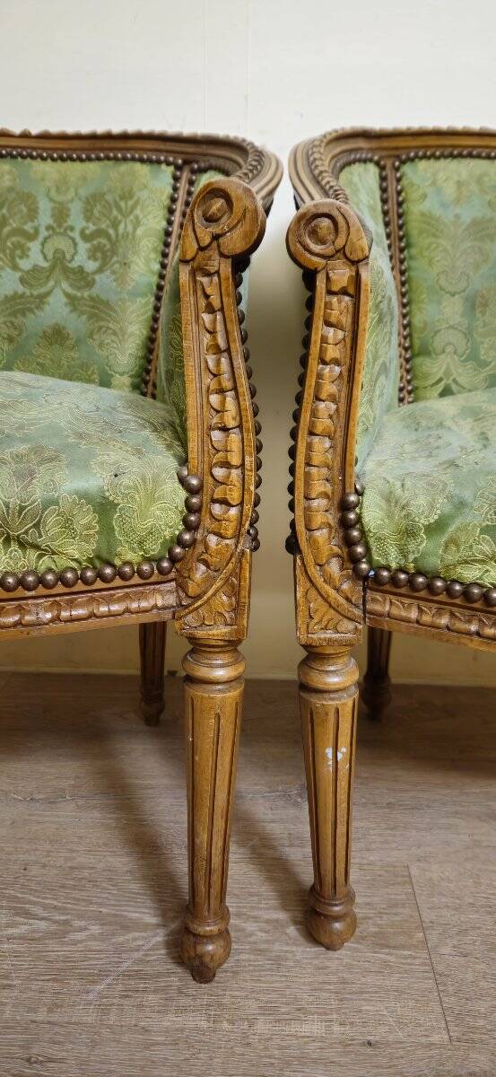 Pair of antique armchairs in Louis XVI style – green damask fabric
