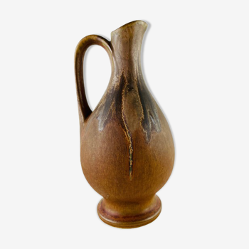 Vase soliflore en grès ancien forme aiguière marron et noir signé Denbac