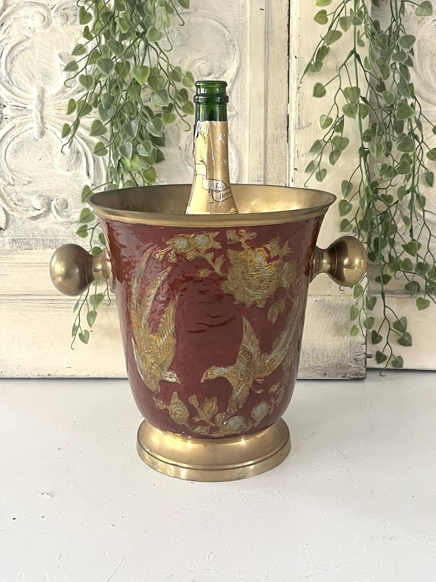 Ice Bucket, Enamel Red and Gold French Brass Champagne Cooler, Vintage