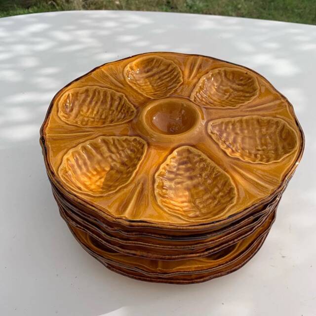 6 oyster plates, for 6 oysters, vintage glazed ceramic slip