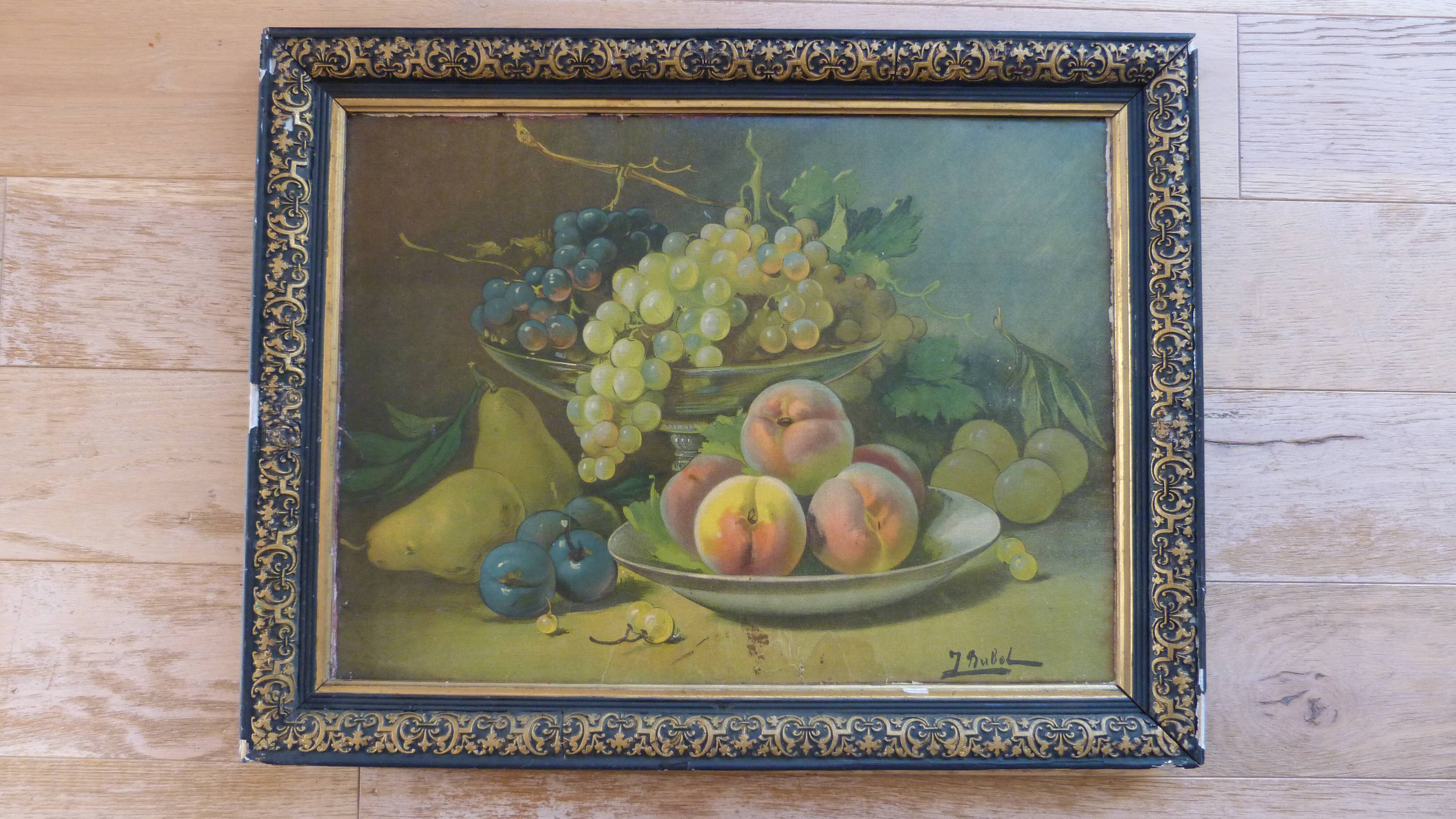Oil on canvas still life with fruit by J. Rubel