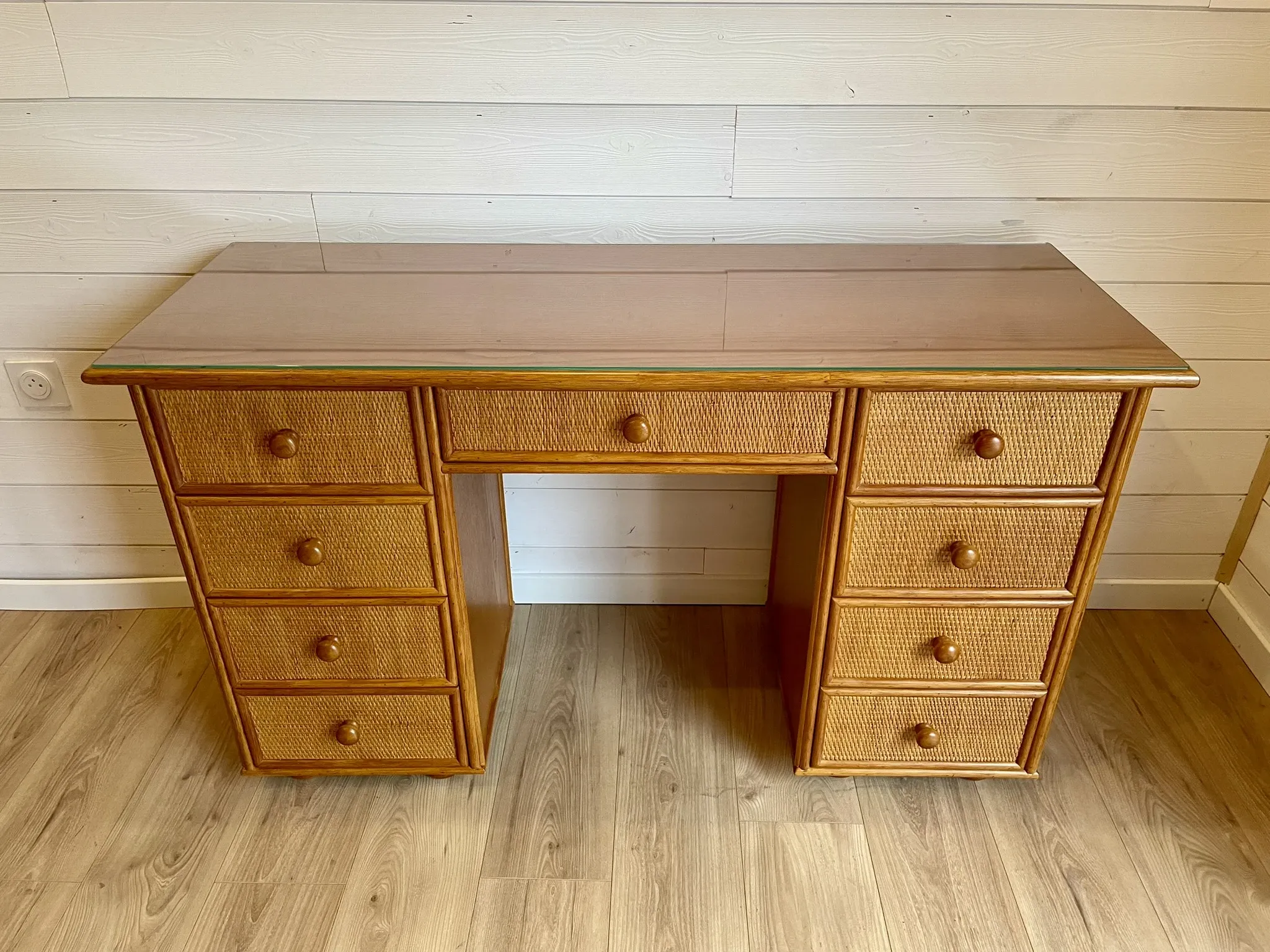 Cane work desk / Rattan glass top 9 drawers shallow depth