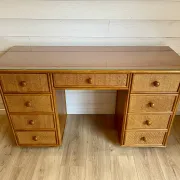 Cane work desk / Rattan glass top 9 drawers shallow depth