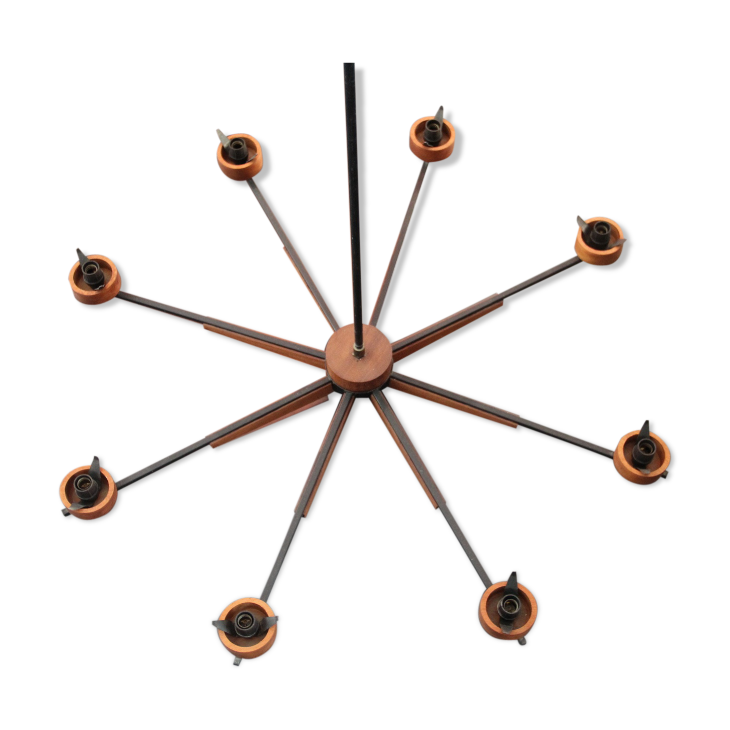Scandinavian chandelier with 8 arms of light, teak, circa 1965