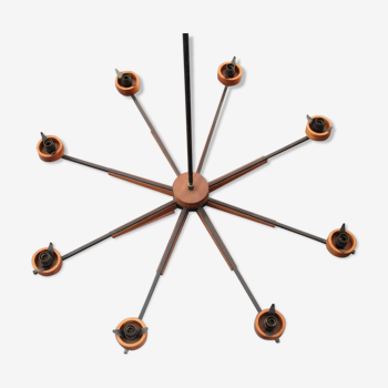 Scandinavian chandelier with 8 arms of light, teak, circa 1965