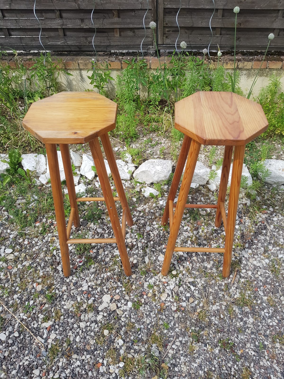 Pair wooden top stool seated bar hexagonal vintage