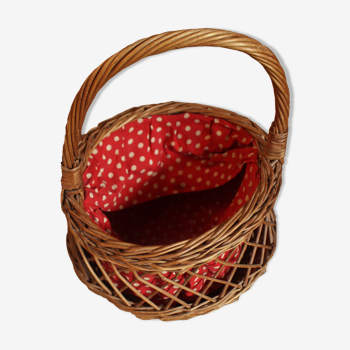 Panier vintage osier tressé tissu rouge pois