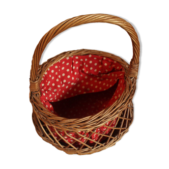 Panier vintage osier tressé tissu rouge pois