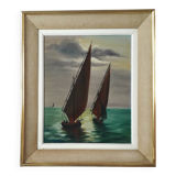 Tableau ancien à l'huile représentant une scène marine