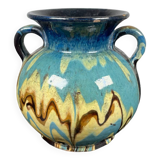 Vase boule à anse noir, marbré jaune bleu