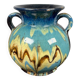 Black ball vase with handle, yellow blue marbled