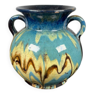 Black ball vase with handle, yellow blue marbled