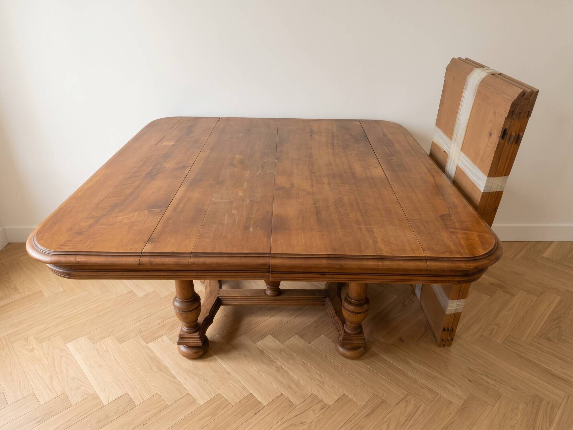 Antique extendable dining table made of solid wood.