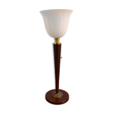 Lampe Mazda Art Déco acajou et opaline