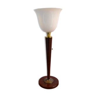 Mazda Art Deco mahogany and opaline lamp