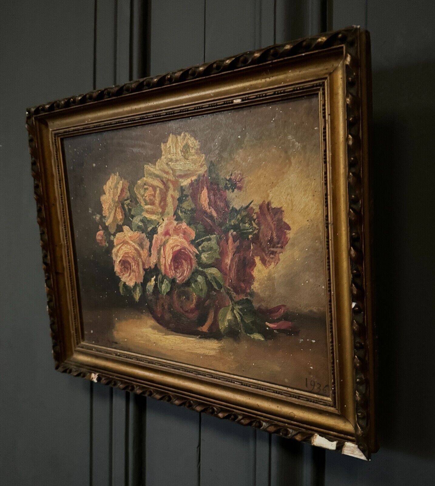 Oil on panel signed still life bouquet of roses 1936
