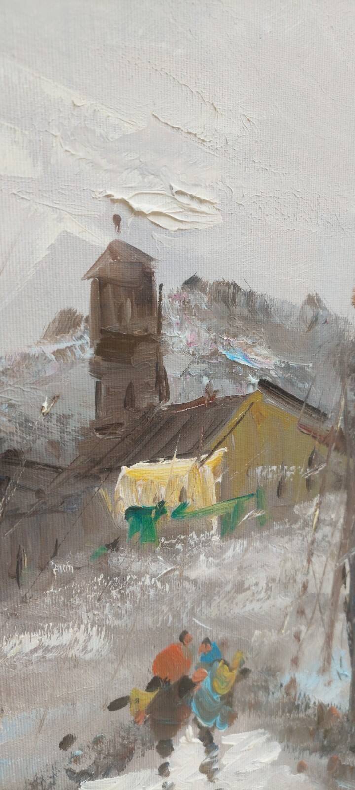 Oil painting on canvas, scene with figures, 50x70 cm, 1960s-70s, signed