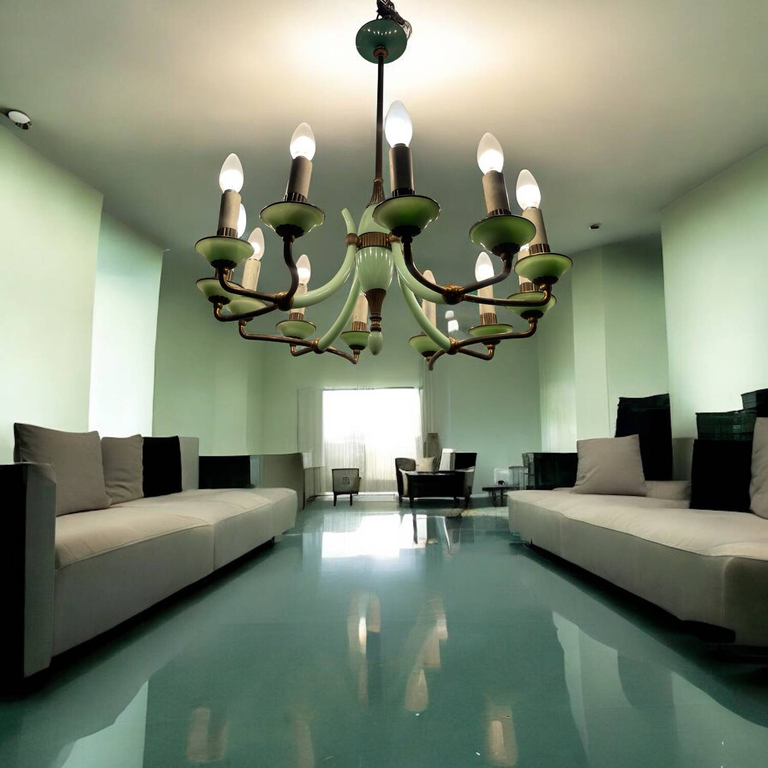 1950’s Opaline Glass Bronze Chandelier
