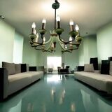 1950’s Opaline Glass Bronze Chandelier