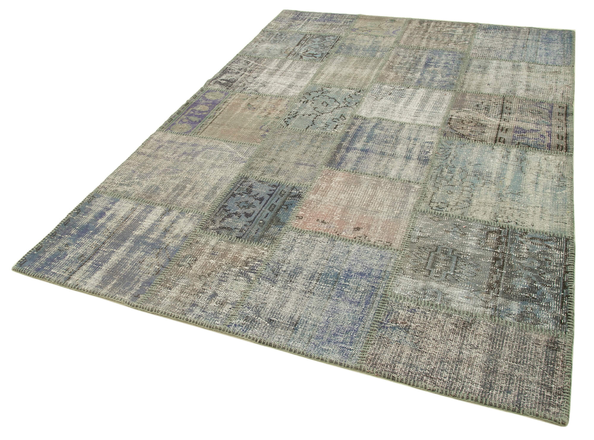 Hand-knotted turkish vintage 176 cm x 249 cm grey patchwork carpet