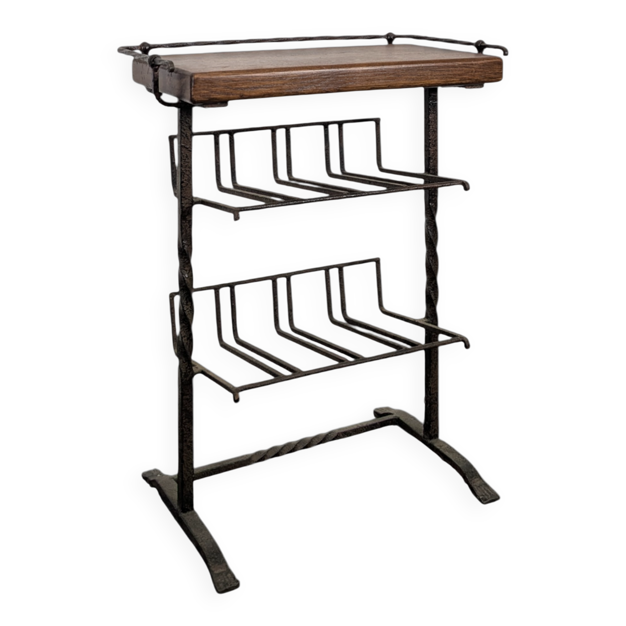 Brutalist magazine rack in wrought iron and oak