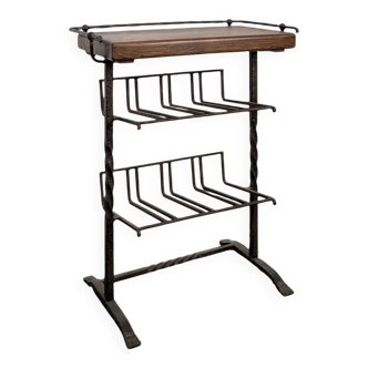 Brutalist magazine rack in wrought iron and oak