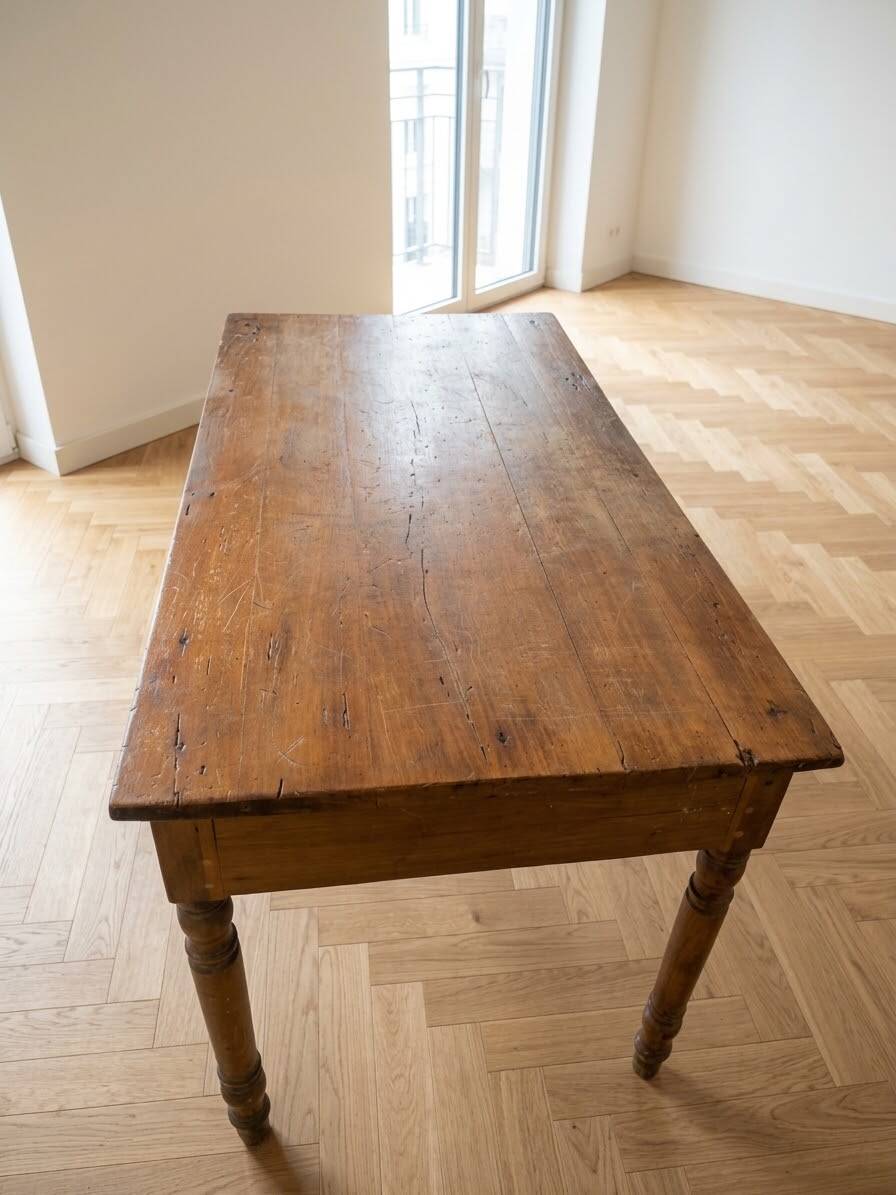 Rustic solid wood dining table with drawer