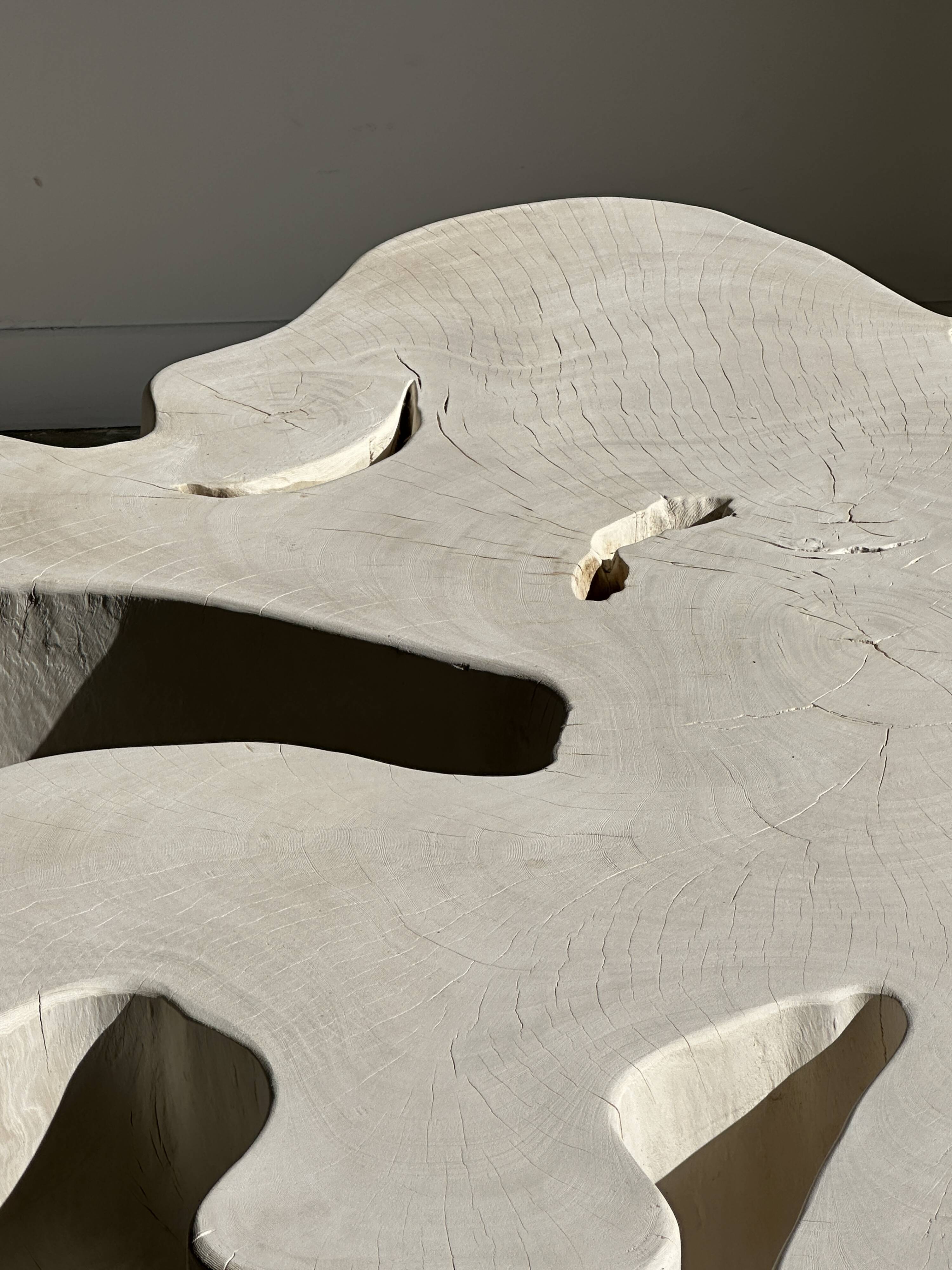 Very large whitewashed mango coffee table with an organic top D:140cm