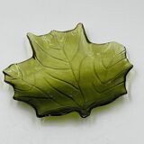 Vintage green glass leaf catchall from the 1970s.
