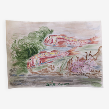 Aquarelle 1960 poissons rougets de denise collet, naïf, peinture tableau xx sur papier, sans cadre
