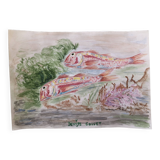 Watercolor 1960 red fish by denise collet, naive, xx painting on paper, without frame